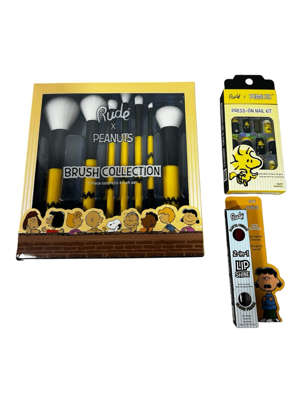 Rude Cosmetics X Peanuts Makeup Brushes Press-On Nails & 2-in-1 Lip Shine Bundle